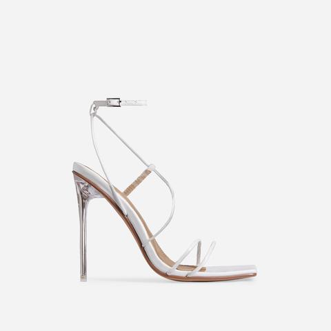 Nights Strappy Square Toe Clear Perspex Heel In White Faux Leather, White