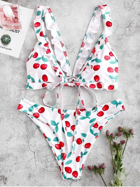 Zaful Bikini Bowknot Con Volantes De Cereza Multi-a