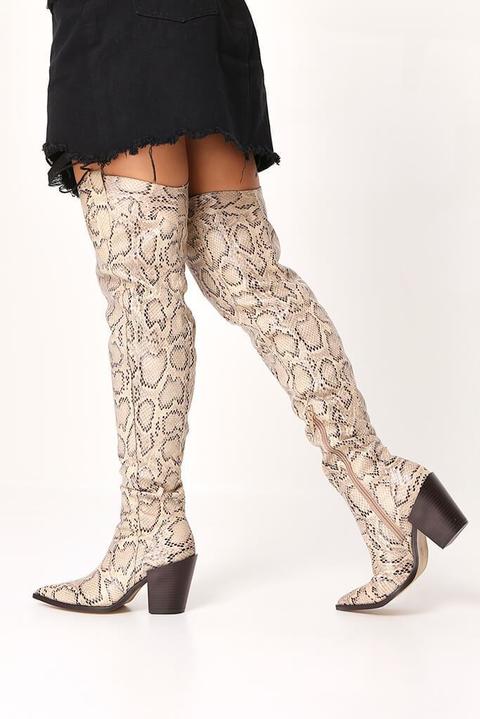 Snake Print Pointed Heel Over The Knee Boots