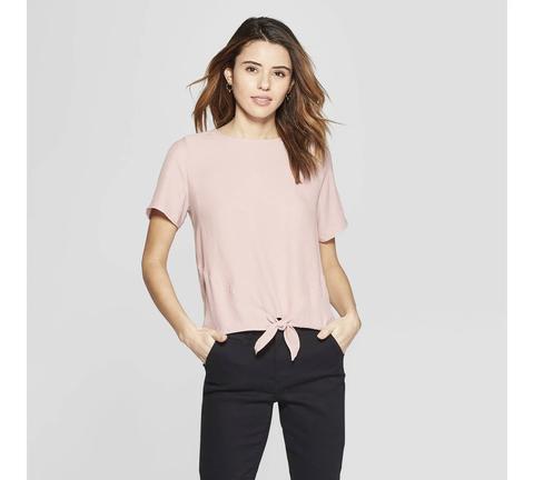 Women's Short Sleeve Crewneck Satin Tie Front Top - A New Day™