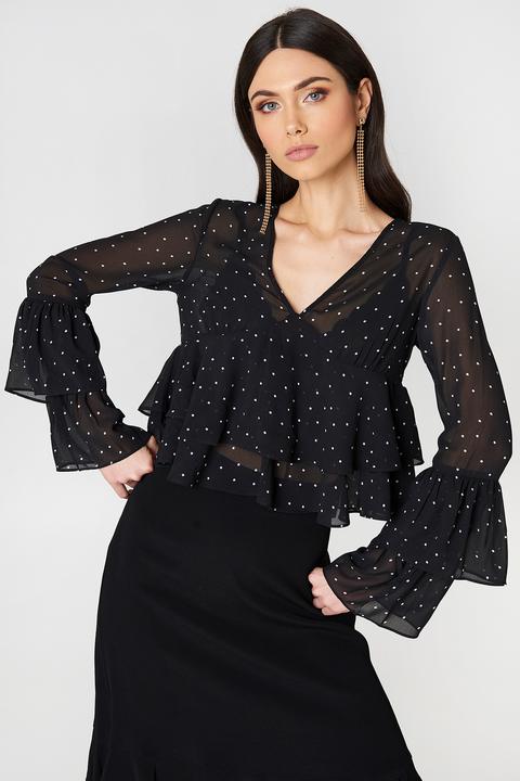 Plunge Ruffle Blouse Black