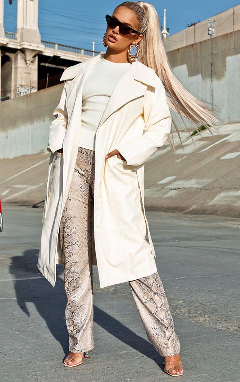 Cream Faux Leather Oversized Midi Coat