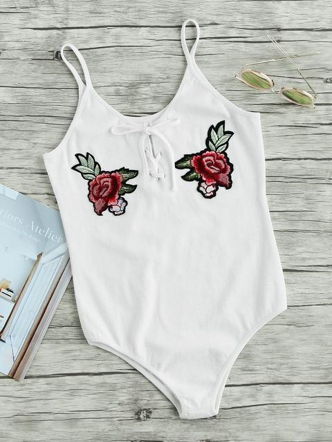 Rose Embroidered Applique Lace Up Ribbed Bodysuit