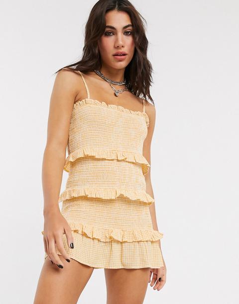 Bershka Shirred Gingham Strappy Dress In Yellow