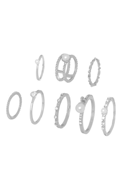 Pack De 8 Anillos Plateados Con Perlas