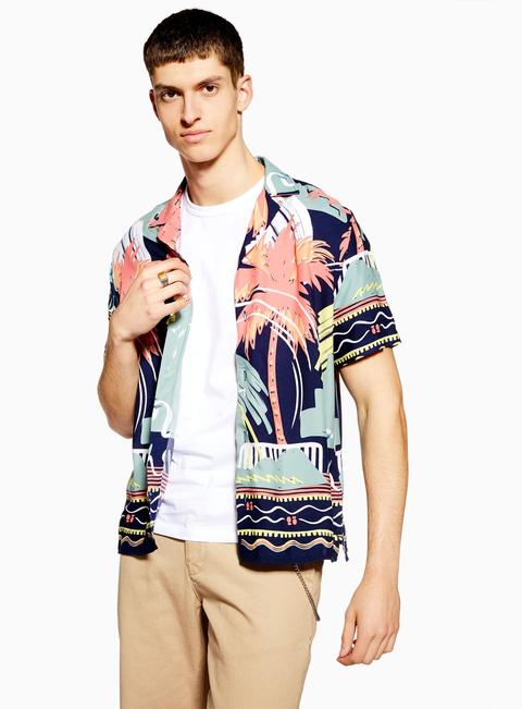 Mens Multi Palm Print Revere Shirt, Multi