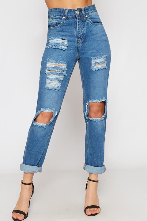 Hannah Extreme Ripped High Waisted Denim Mom Jeans - Blue