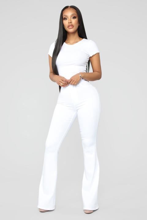 white bell bottom overalls