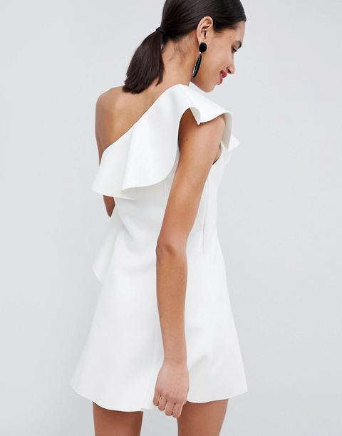 ASOS LUXE one shoulder cotton dress with corset detail and ruffles in white