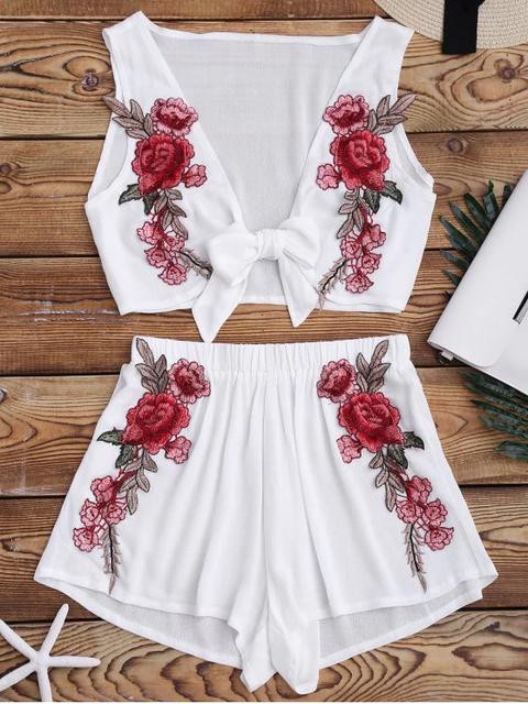 Bowknot Floral Applique Top And Shorts