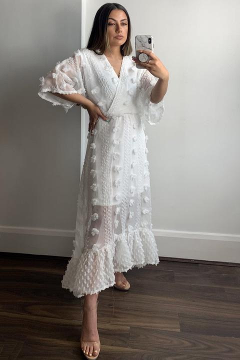 Evie White Ruffle Hem Textured Maxi Dress