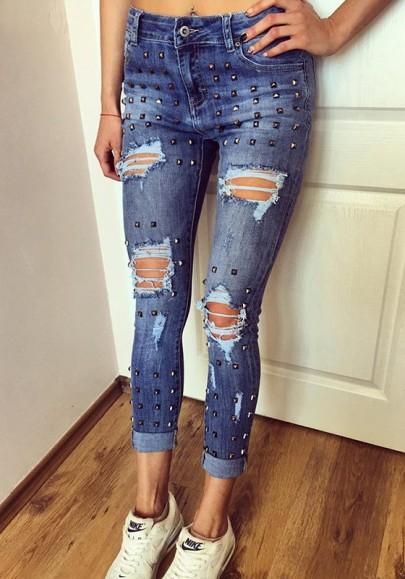 Jeans Largos Bolsillos Cortados Con Remaches Casuales Azul