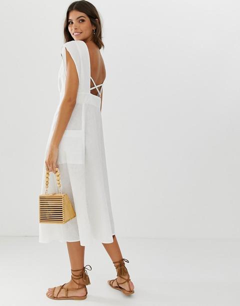 Vestido Midi Abotonado Con Bolsillos Y Espalda Abierta De Asos Design-blanco