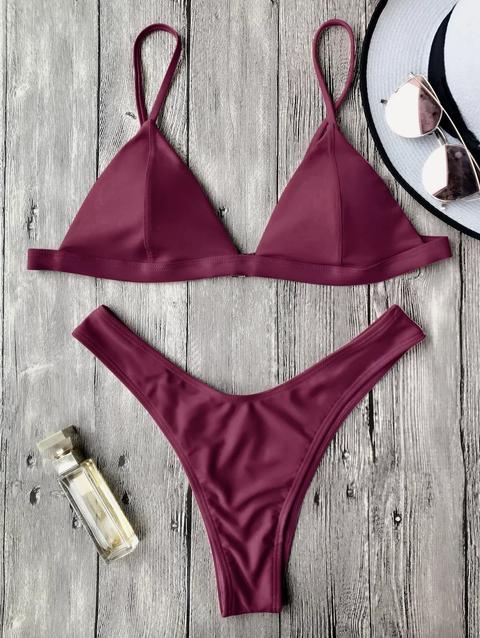 Bikini Imbottito Con Perizoma Con Cinturino Da Spaghetti Burgundy Pink Red