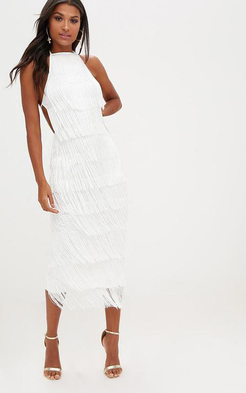 White Tassel Halterneck Midi Dress