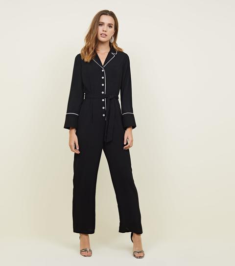 Black Contrast Piping Long Sleeve Belted Jumpsuit New Look