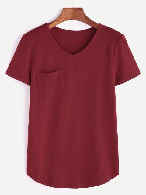 Burgundy V Neck Curved Hem Pocket T-shirt