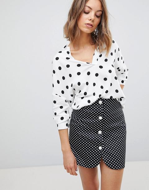 Stradivarius - Top A Pois Con Scollo Frontale A V - Bianco