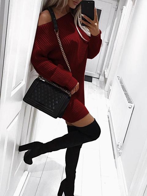 Mini Abito Una Spalla Manica Lunga Maglione Moda Vino Rosso