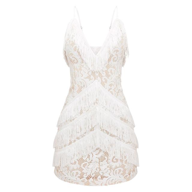 white strappy lace tassel detail bodycon dress