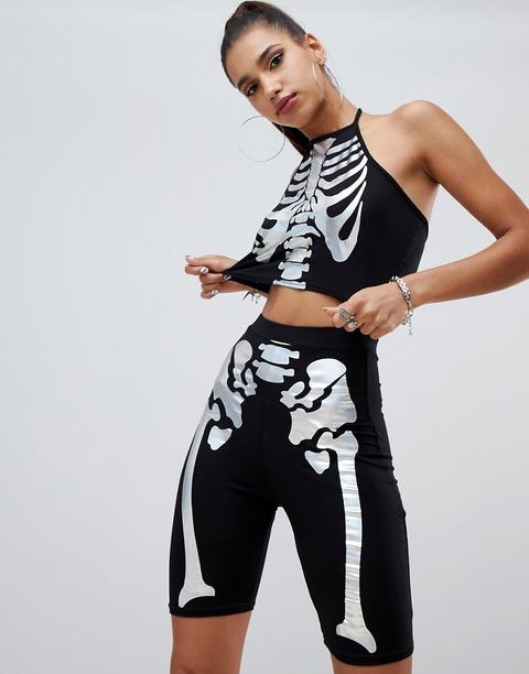 Prettylittlething - Leggings Corti Con Stampa Laminata Olografica Per Halloween - Nero