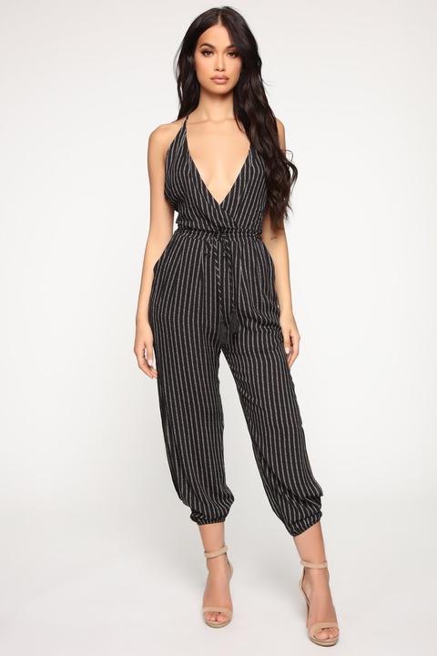 Let's Split Stripe Jumpsuit - Black/combo