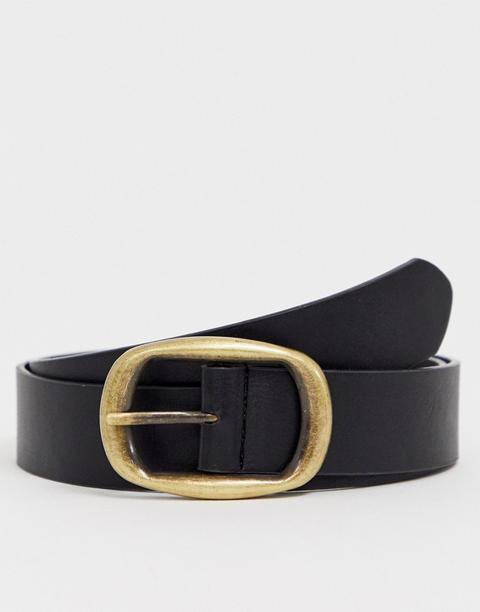 Asos Design Wide Belt In Black Faux Leather With Antique Gold Oval Buckle