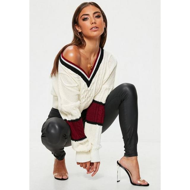 White V Neck Colour Block Cable Jumper 