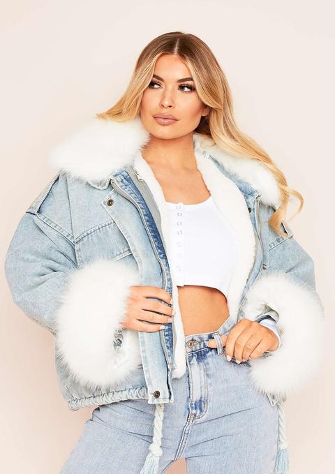 Rosaca White Faux Fur Blue Denim Jacket