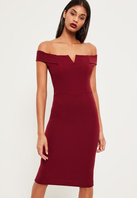 Burgundy V Front Bardot Midi Dress