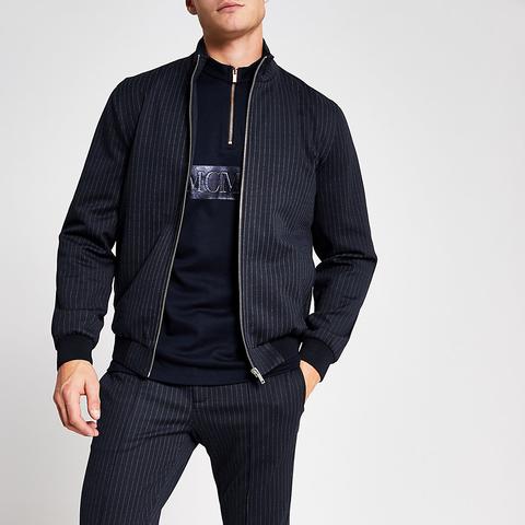 Navy Stripe Skinny Fit Smart Bomber Jacket