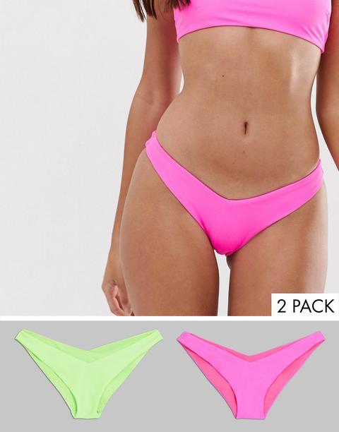 Multi-pack De Braguitas De Bikini De Talle Bajo Y Pernera Alta Con Parte Delantera De Pico En Verde Neón Y Rosa Neón Mix And Match De Asos Design-multicolor