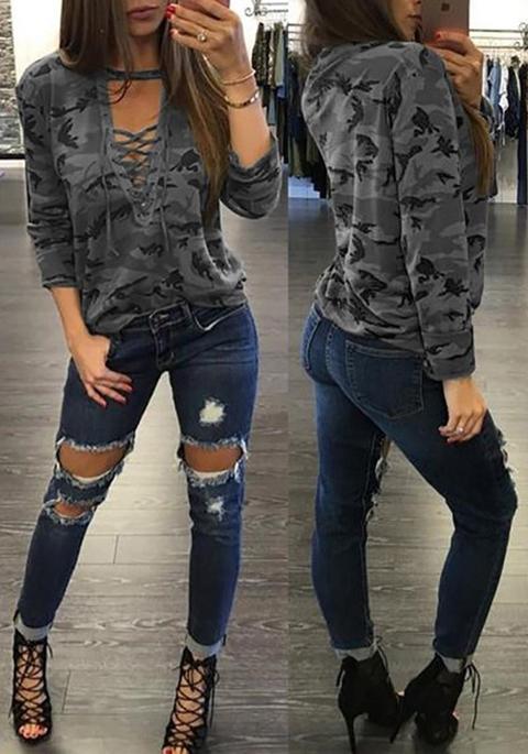 Maglietta Traforato Con Lacci A V Profonda Manica Lunga Sottile Casuale Camuffamento Grigio