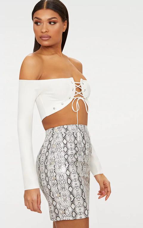 Grey Snake Print Button Side Faux Leather Mini Skirt, Grey