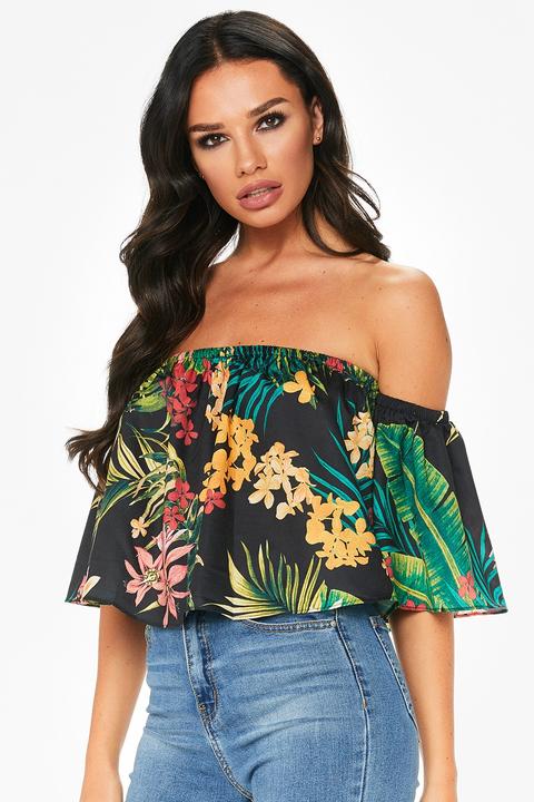 Carmen Black Floral Bardot Top