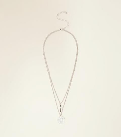 Silver Coin And Cross Layered Necklace New Look