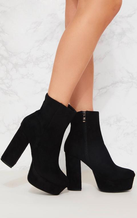 Black Faux Suede Block Heel Ankle Boot, Black from PrettyLittleThing on ...