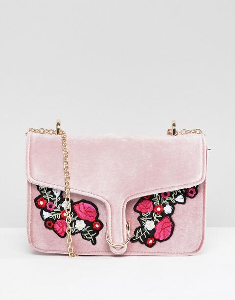 Yoki Fashion - Borsa In Velluto Rosa Con Fiori Ricamati - Rosa