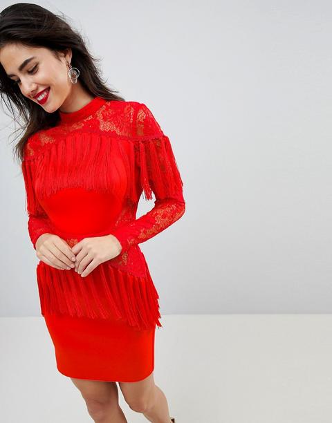 Minivestido De Encaje De Manga Larga Con Flecos Ultimate De Asos-rojo