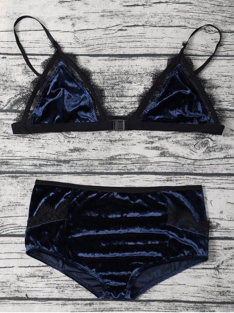 Frayed Lace Panel Velvet Bra Set