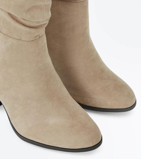 Wide Fit Brown Suedette Block Heel Calf Boots