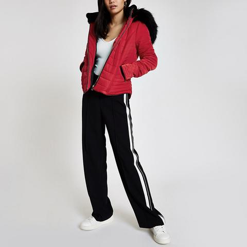 Red Faux Fur Hood Padded Jacket