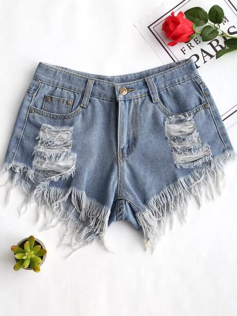 Pantaloncini In Denim Con Bordi Strappati Denim Blue