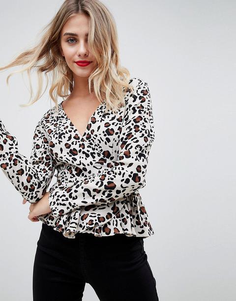 Asos Design - Top Peplo A Portafoglio Con Stampa Animalier - Multicolore