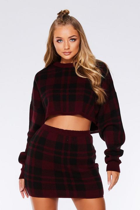 Wine And Black Check Crop Jumper