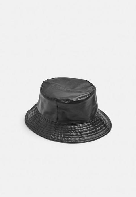 Black Faux Leather Bucket Hat, Black