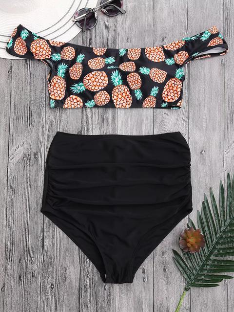 Bikini Increspato A Vita Alta Stampato Ananas Con Spalle Scoperte