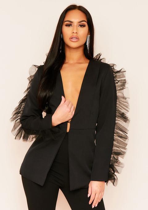 Ela Black Mesh Frill Detail Plunge Blazer