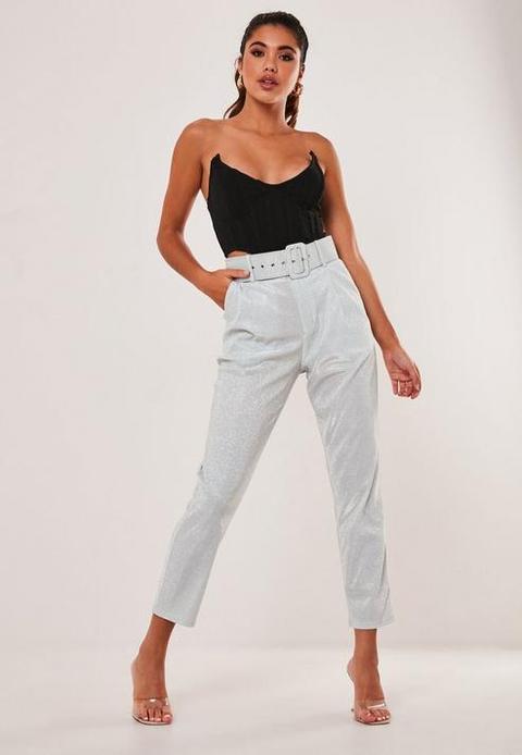 Grey Metallic Belted Cigarette Trousers, Grey