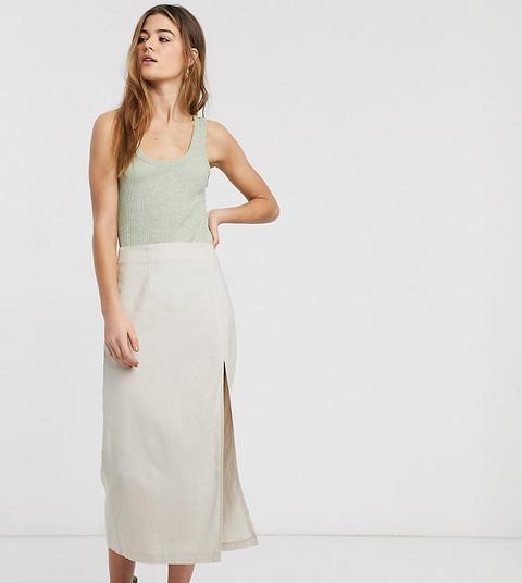 Asos Design Tall Linen Split Front Midi Skirt-neutral